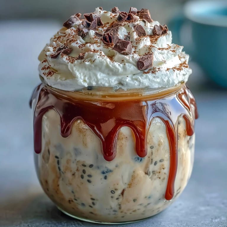 Velvety vanilla bean frappuccino overnight oats dessert jar with rich espresso, Greek yogurt, and chia seeds, served chilled and topped with caramel drizzle.
