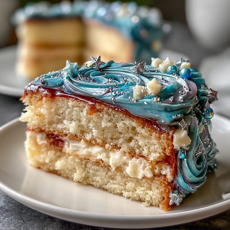 This stunning celestial layer cake features a dreamy galaxy effect with navy, teal, and purple buttercream, edible glitter, and delicate Pisces symbols, perfect for zodiac celebrations.