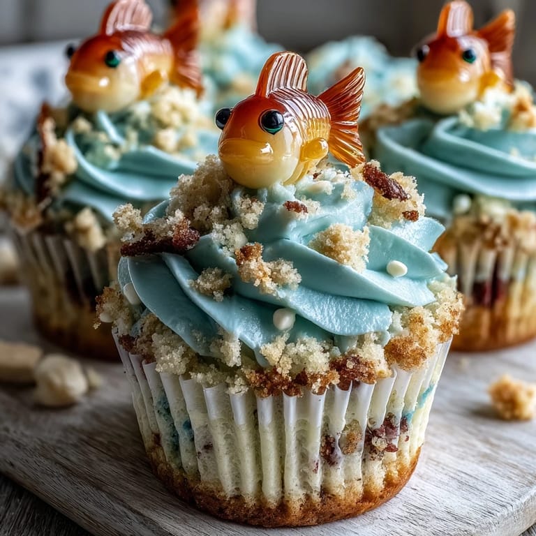 Whimsical vanilla cupcakes decorated with charming blue buttercream waves and edible fondant fish toppers, ideal for Pisces birthdays.