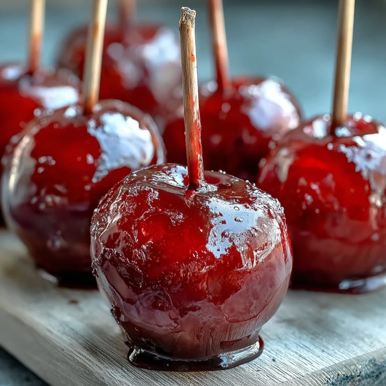 Sweet mini apples coated in shiny red hard candy, served on sticks for fun party treats.