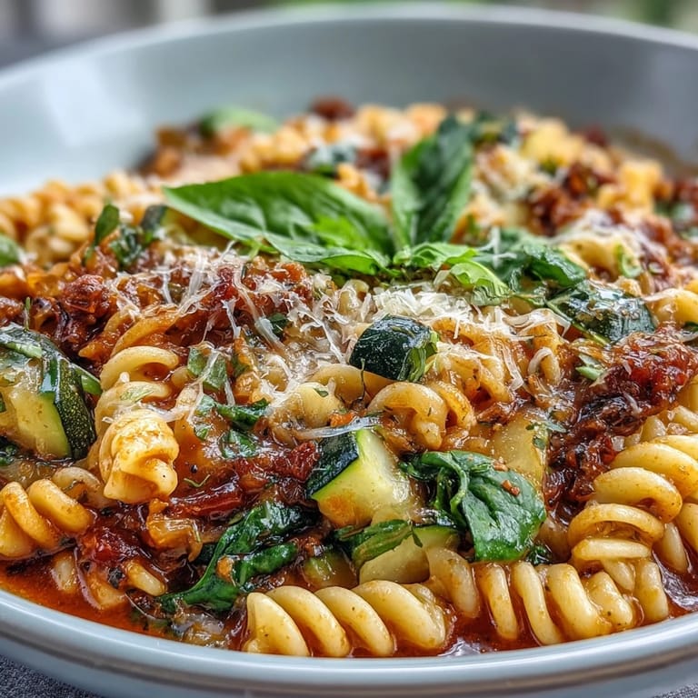Hearty one-pot pasta loaded with fresh vegetables, Italian herbs, and Parmesan cheese for a comforting meal.