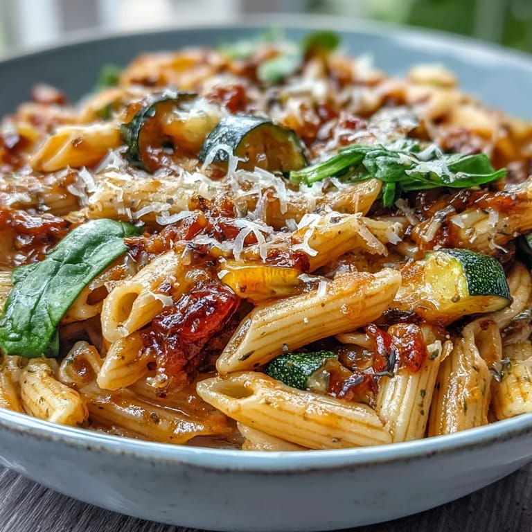 Easy one-pot vegetarian pasta with zucchini, bell peppers, and spinach, perfect for busy weeknight dinners.  