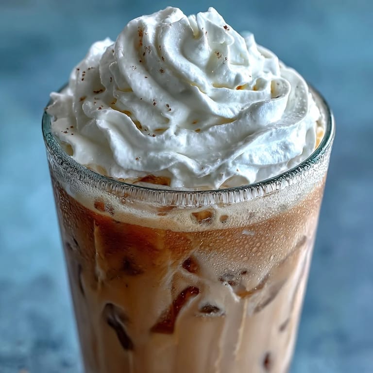 Two glasses filled with a frothy vanilla bean frappuccino, garnished with rich coconut whipped cream and vanilla bean seeds.