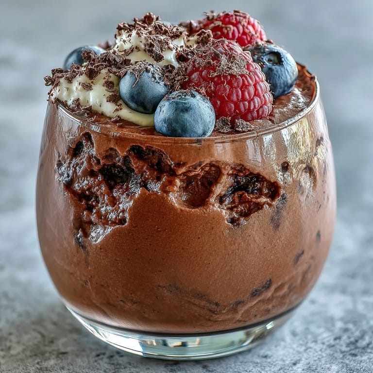 Creamy, rich chocolate mousse made with cottage cheese and Greek yogurt, garnished with chopped nuts and cocoa powder.