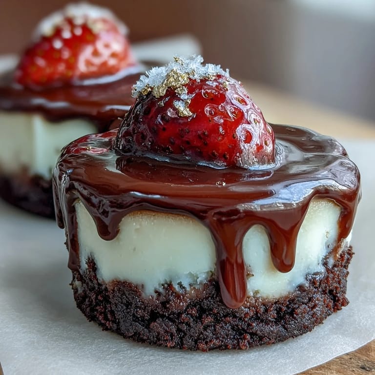 Elegant strawberry-topped cheesecake cups featuring a chocolate biscuit base and hint of pistachio.
