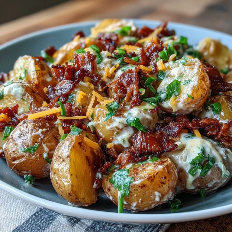 2. Hearty roasted potato salad tossed with smoky BBQ sauce, tangy sour cream, and crunchy bacon bits for a flavorful crowd-pleaser.  