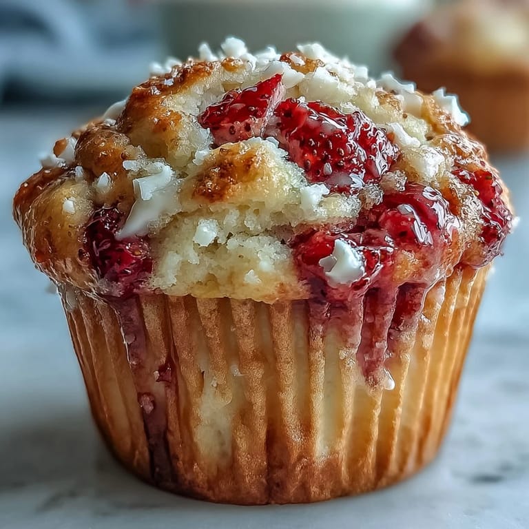 Golden-brown strawberry muffins loaded with creamy white chocolate chips and juicy fruit.  