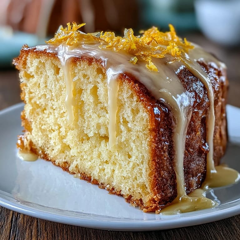 Golden limoncello-infused pound cake with a glossy lemon glaze, offering a rich, zesty dessert for citrus lovers.  