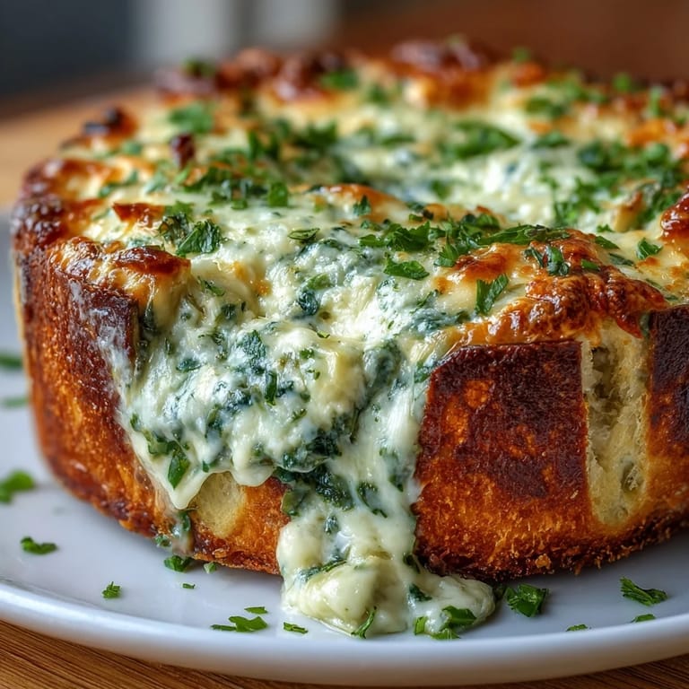 Festive St. Patrick's Day spinach artichoke dip, bubbling with cheese inside a golden sourdough bread bowl centerpiece.
