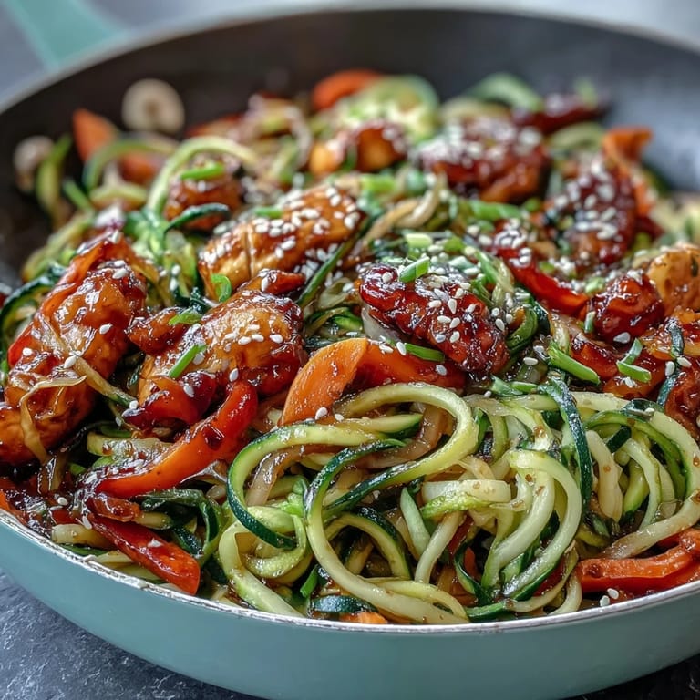 Low-carb Healthy Easy Zucchini Noodle Stir Fry with Chicken served hot, showcasing juicy chicken, fresh spiralized zucchini, and a glossy, flavorful stir-fry sauce.