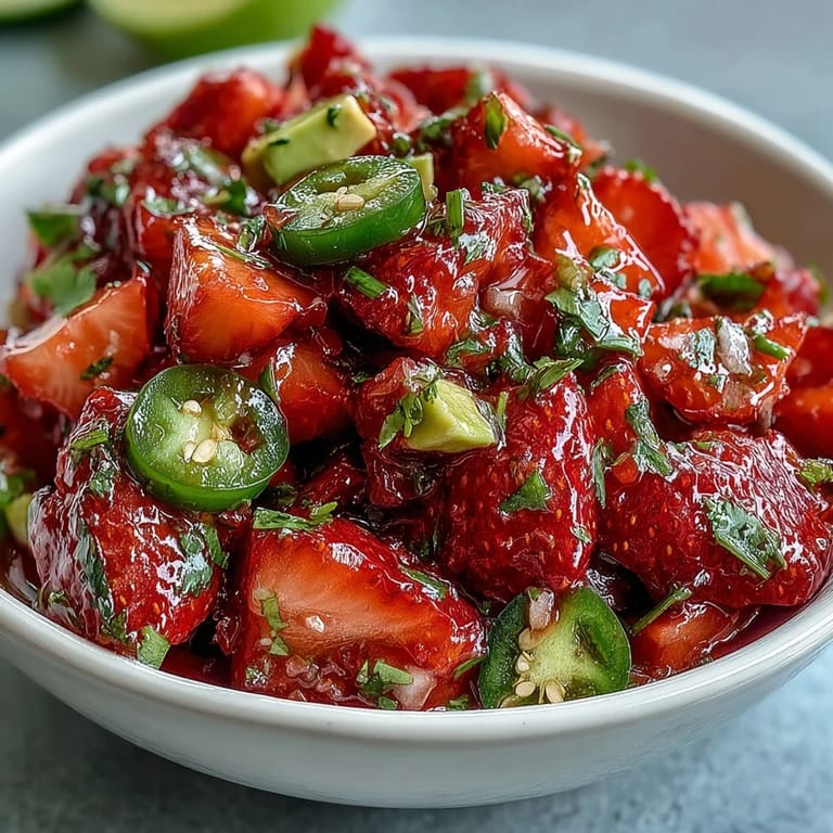 Vibrant strawberry salsa featuring zesty lime, fresh cilantro, and a hint of jalapeño, ideal for summer gatherings or appetizers.