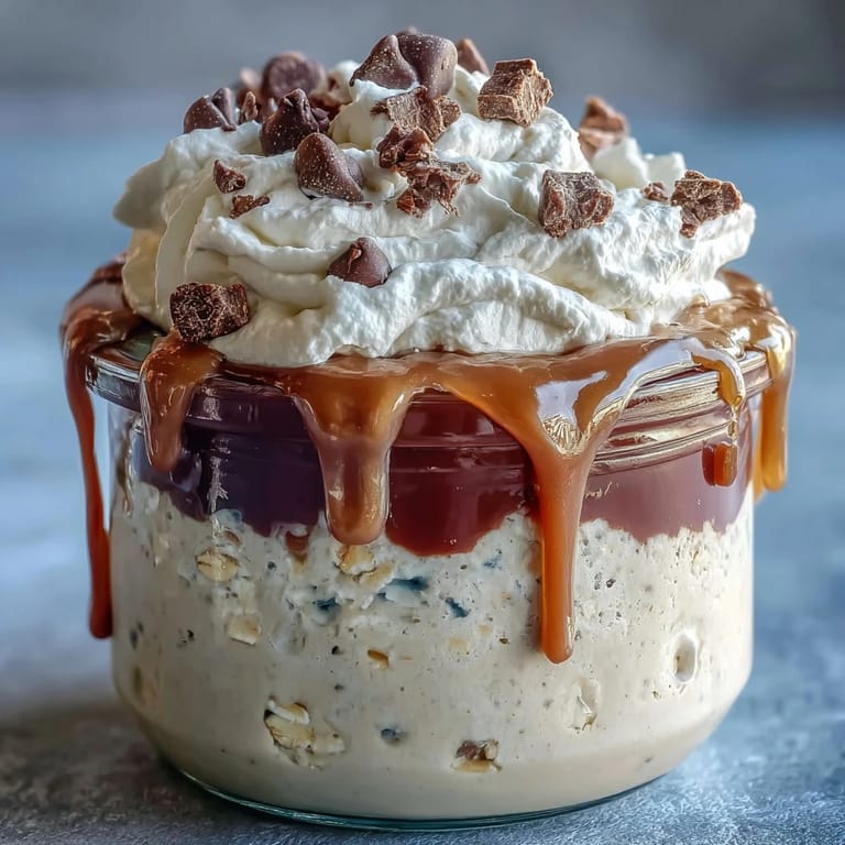 Vanilla bean frappuccino overnight oats jar featuring creamy Greek yogurt, cold brew coffee, and sweet caramel drizzle, perfect for a grab-and-go dessert.