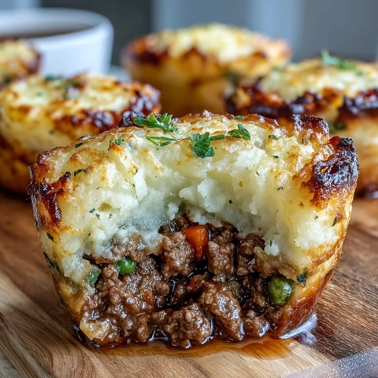 Individual mini shepherd's pies baked in muffin tins, topped with creamy mashed potatoes and savory ground beef filling.