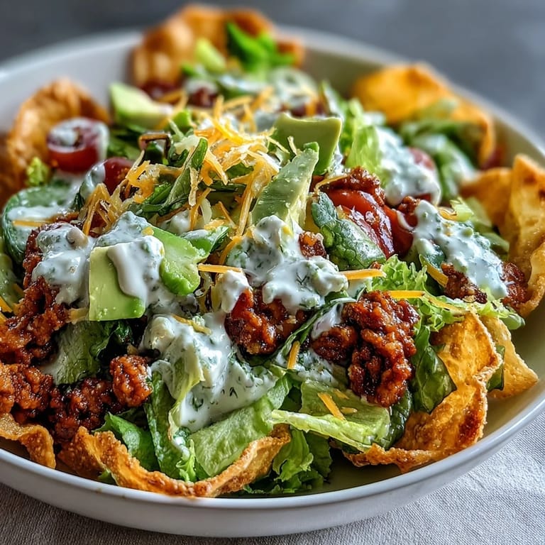 Colorful taco salad bowls filled with seasoned ground turkey, crisp lettuce, juicy tomatoes, and drizzled with tangy Greek yogurt ranch dressing.