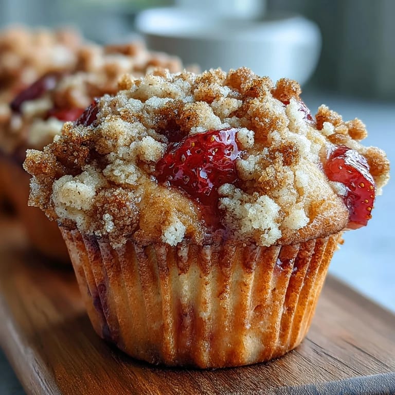 Delicious strawberry muffins topped with golden crumble, ideal for brunch or afternoon treats.