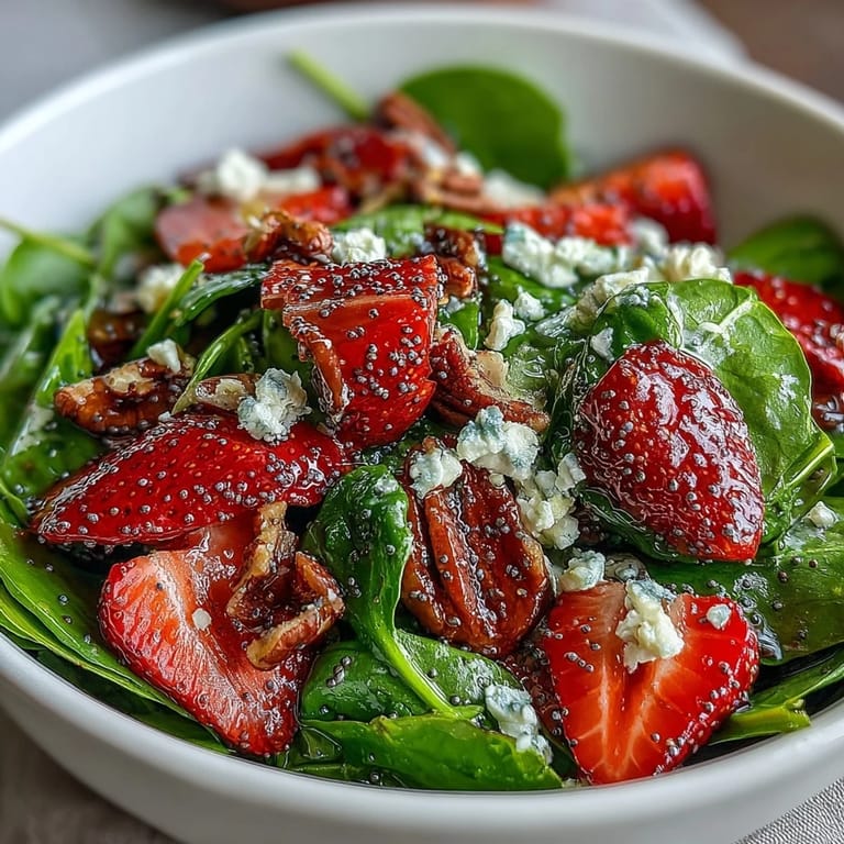 Close-up of vibrant spinach and strawberry salad with creamy poppy seed dressing, garnished with feta crumbles.  