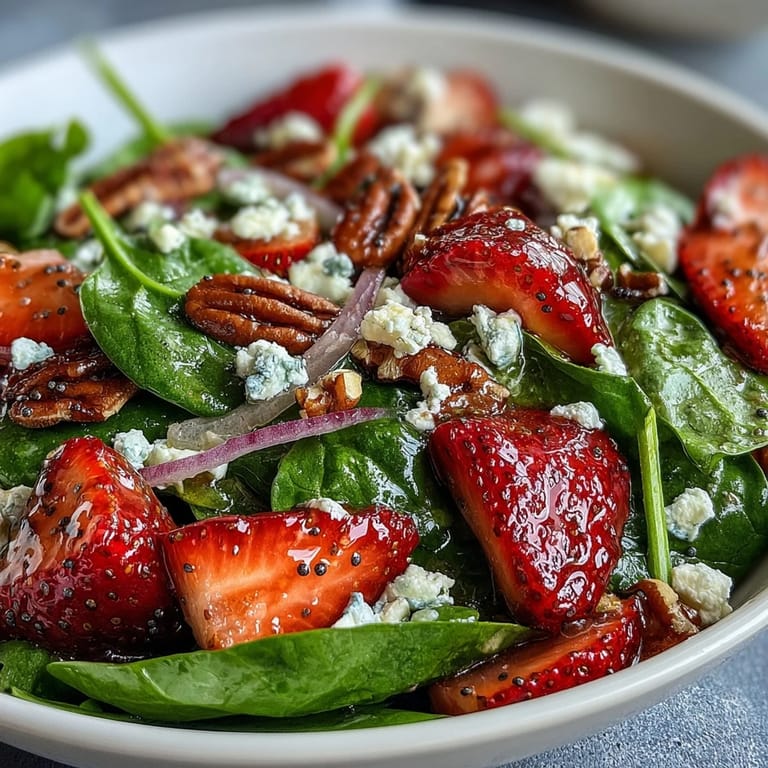 Colorful strawberry spinach salad with poppy seed dressing, featuring red onion, feta, and toasted pecans in a rustic bowl.