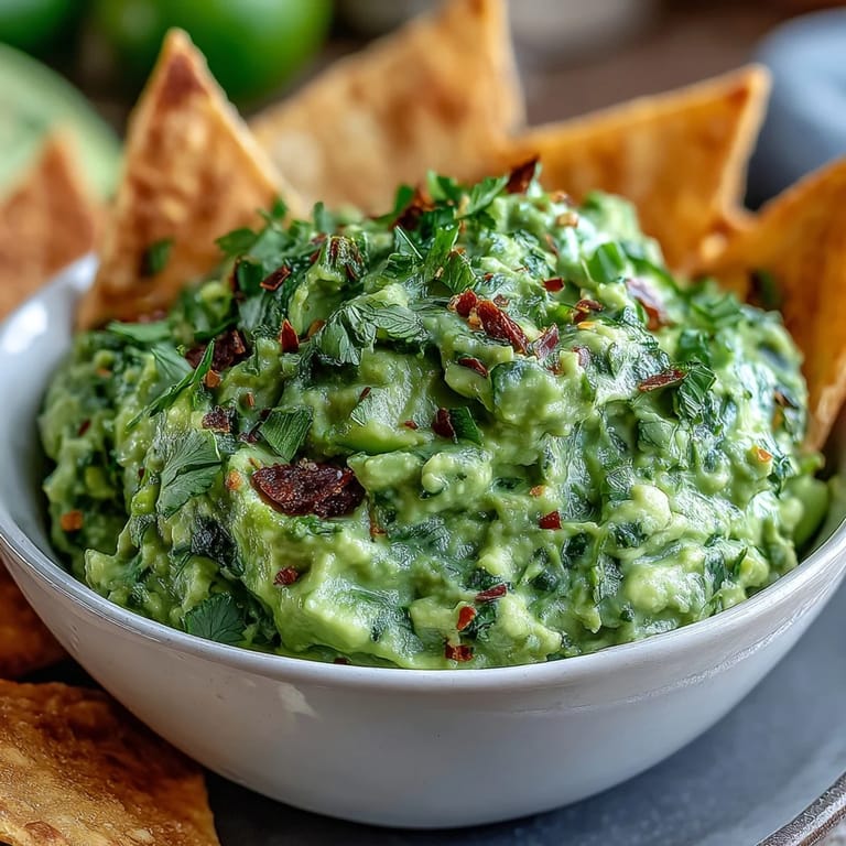Bright green edamame guacamole with avocado and cilantro, paired with crunchy baked pita chips.