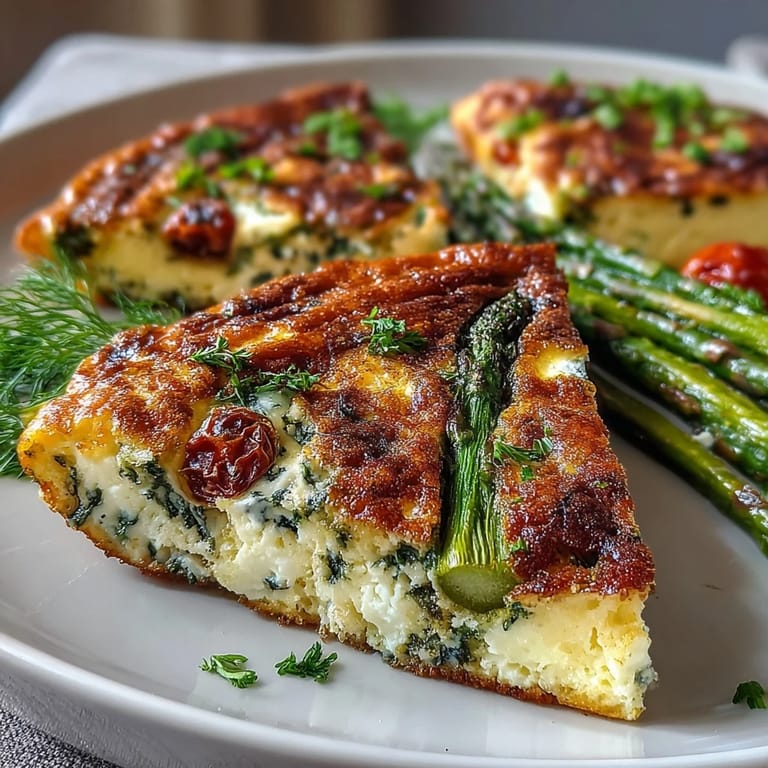 Colorful spring vegetable frittata packed with fresh asparagus, tomatoes, and herbs, perfect for a healthy brunch.