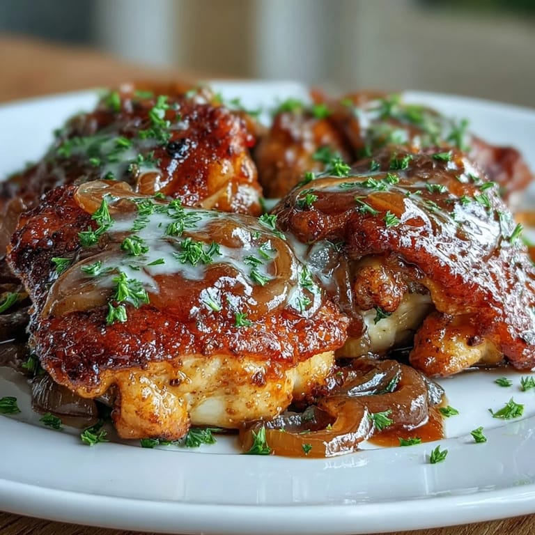Juicy, seasoned chicken thighs and drumsticks simmered in rich, buttery onion gravy, perfect for family dinners.