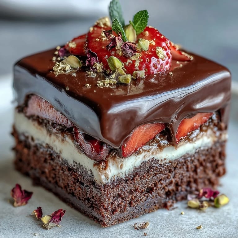 Luxurious viral chocolate bark featuring strawberries, pistachios, and edible gold leaf over a swirled dark and white chocolate base.