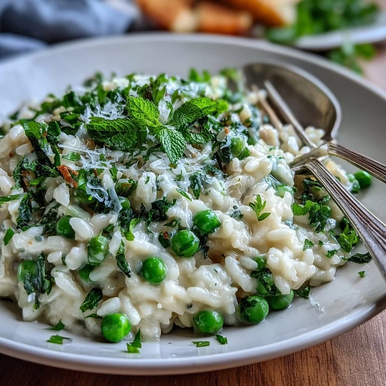 Spring pea risotto topped with Parmesan, vibrant mint and lemon zest, a perfect vegetarian main for dinner parties.