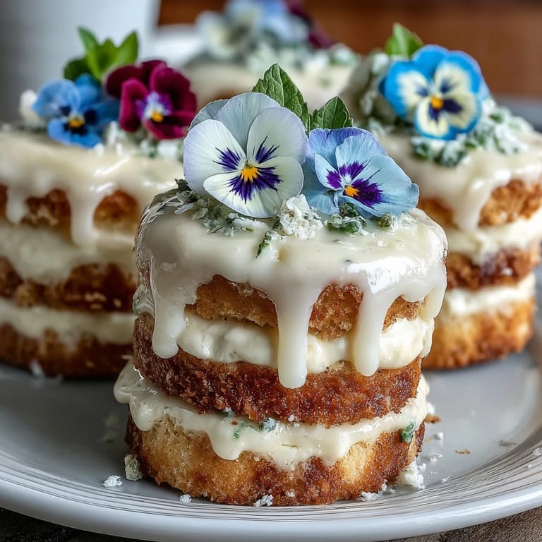 Delightful mini layer cakes featuring delicate vanilla and lemon flavors, topped with smooth buttercream and fresh edible blooms.