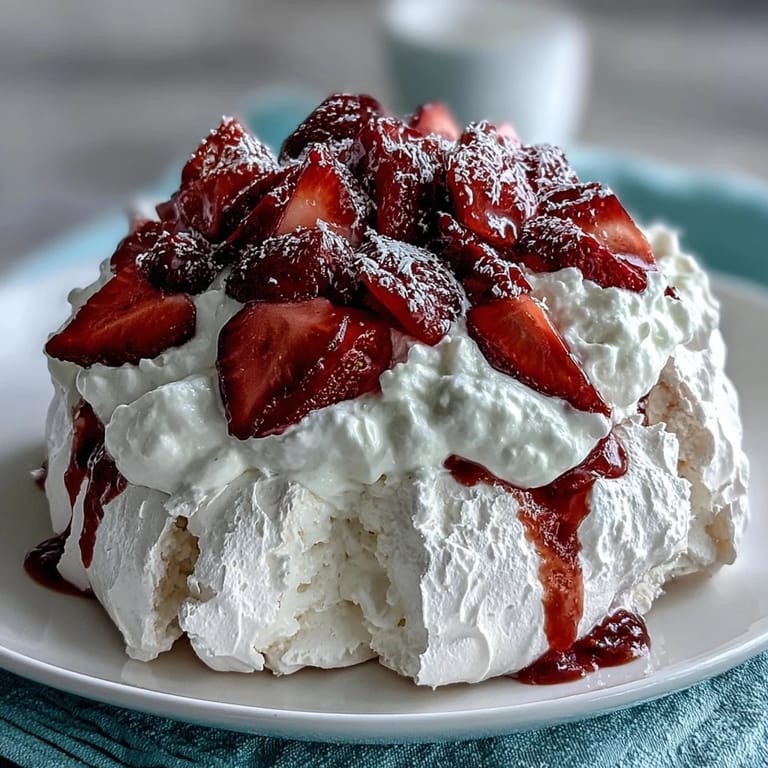Golden pavlova nest filled with sweet whipped cream and vibrant red strawberries, a classic Australian dessert with a light, airy texture.