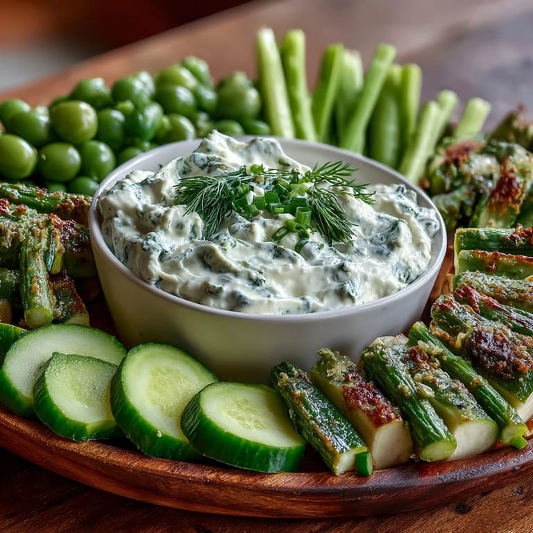 Healthy appetizer spread with sliced cucumber, snap peas, and smooth avocado ranch dip for dipping.