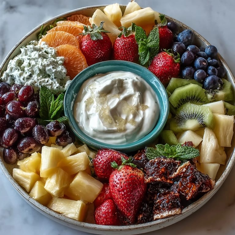 Fresh seasonal fruit platter with juicy oranges, berries, and pears complemented by smooth vanilla Greek yogurt sauce for healthy snacking.