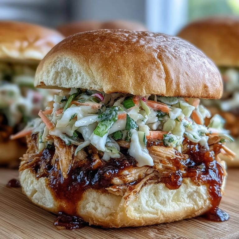 Tender shredded BBQ chicken topped with crisp, colorful coleslaw on slider buns, a crowd-pleasing summer BBQ favorite.  