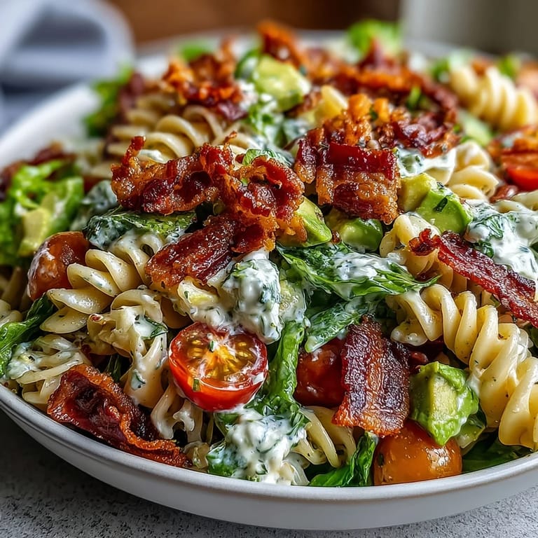 Creamy BLT Pasta Salad with crunchy lettuce, savory bacon, and smooth avocado, perfect for picnics or potlucks.