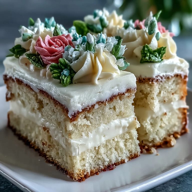 Simple vanilla sheet cake adorned with delicate buttercream flowers, creating a festive centerpiece for a First Communion party.