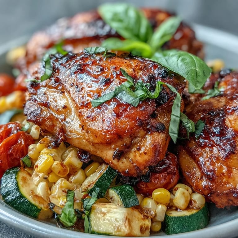 One-pan summer dinner featuring tender chicken breasts, sweet corn, and zucchini in a zesty lemon-garlic marinade.  