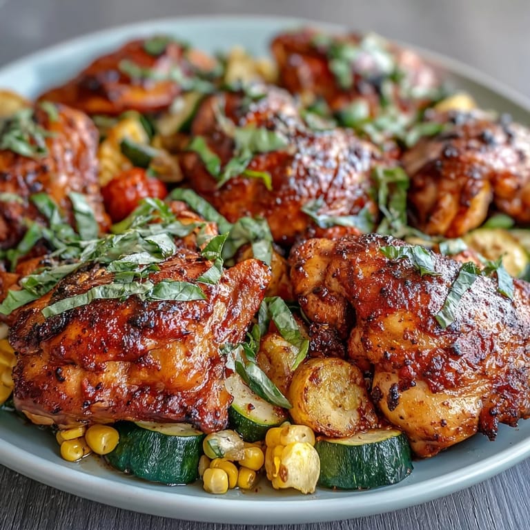 Colorful sheet pan chicken with zucchini and corn, bursting with smoky paprika, fresh basil, and roasted cherry tomatoes.