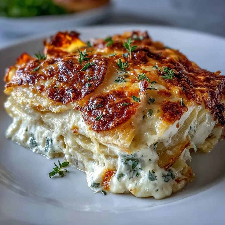Elegant side dish of scalloped potatoes with Gruyere, showcasing a crispy cheese topping over velvety potato layers in a fragrant garlic and thyme cream sauce.