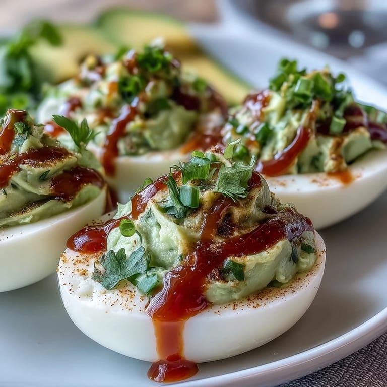 Easy avocado deviled eggs featuring a smooth, green filling and a fiery Sriracha drizzle, ideal for gluten-free gatherings or quick bites.