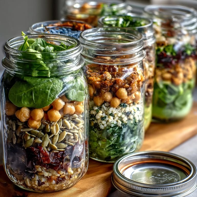 Colorful layered mason jar salads with cherry tomatoes, cucumbers, and protein for a week of nutritious lunches.  