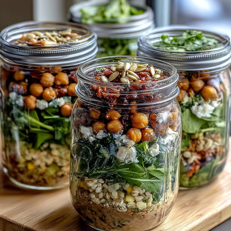 Vibrant mason jar salads filled with leafy greens, chickpeas, and homemade balsamic dressing for easy meal planning.