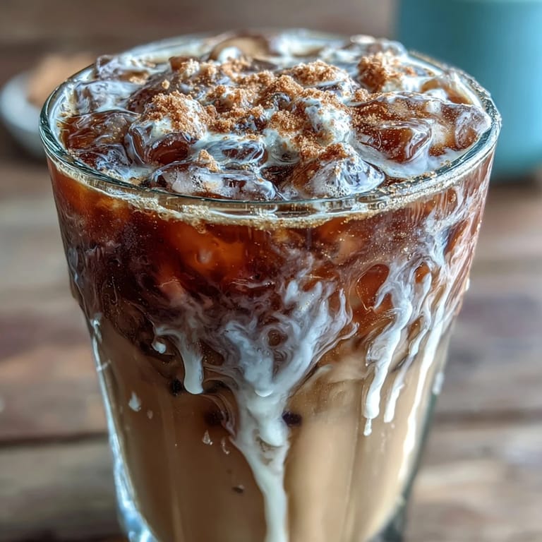 Velvety oat milk cascades over chilled espresso and brown sugar, creating a layered iced coffee treat.