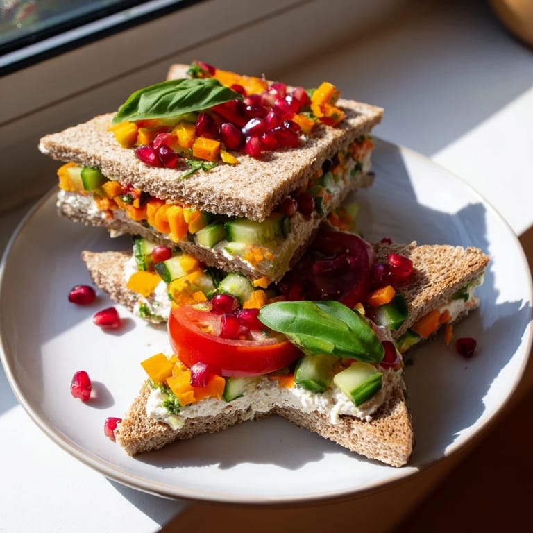 Brightly colored sliced vegetables and cheese filling the soft Crown Jewels Star-Shaped Sandwiches, ready to eat.