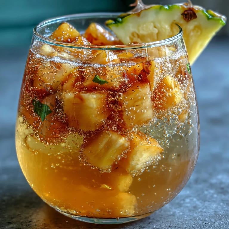 A close-up of mango pineapple sparkling lemonade punch, featuring diced fruit and lemon slices floating in a sparkling, colorful beverage.