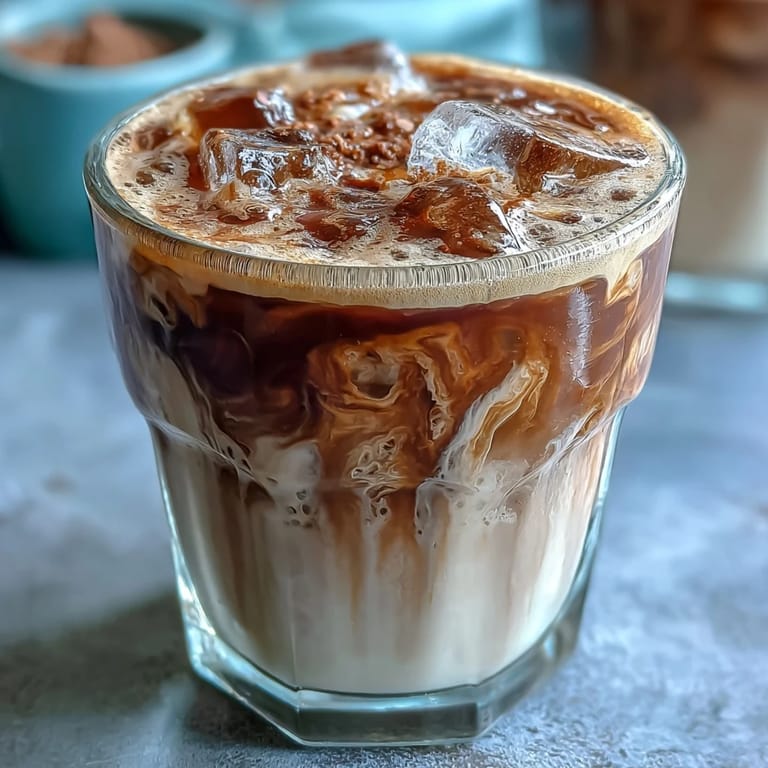 Refreshing homemade iced coffee drink featuring bold espresso, sweet brown sugar syrup, and smooth oat milk in a chilled glass.  