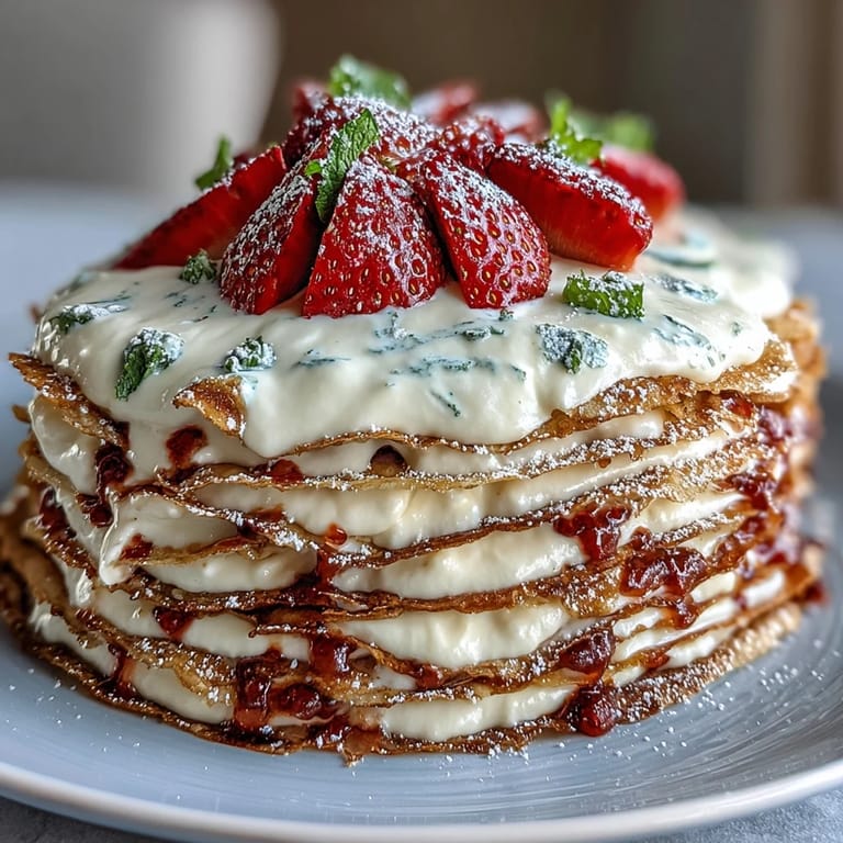 Elegant French crepe cake featuring tender crepes stacked with luscious strawberry mascarpone filling, topped with halved strawberries and powdered sugar.
