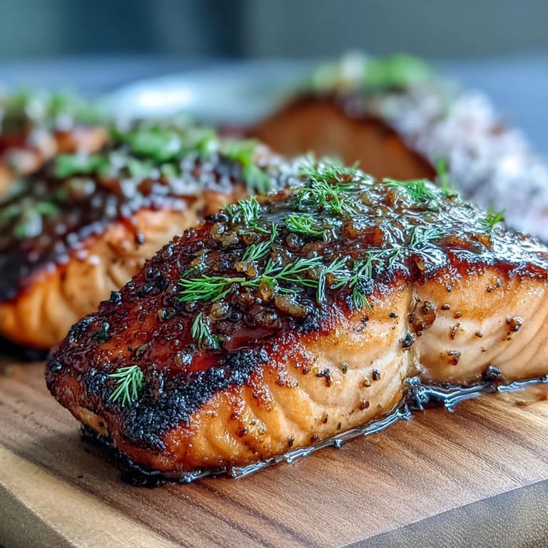 Grilled cedar plank salmon topped with tangy maple Dijon glaze and fresh herbs.