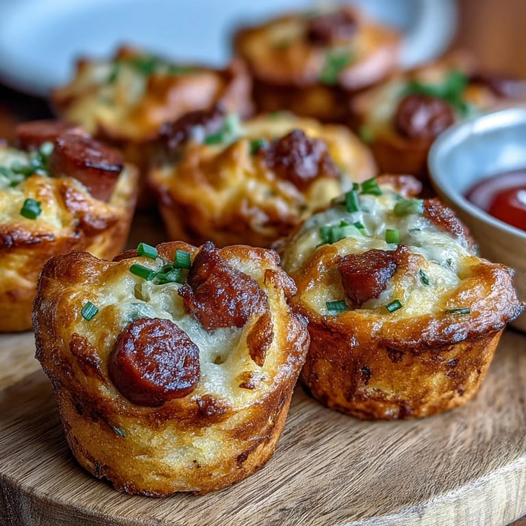 Savory mini corn dog muffins, oven-baked golden brown and ready for dipping.