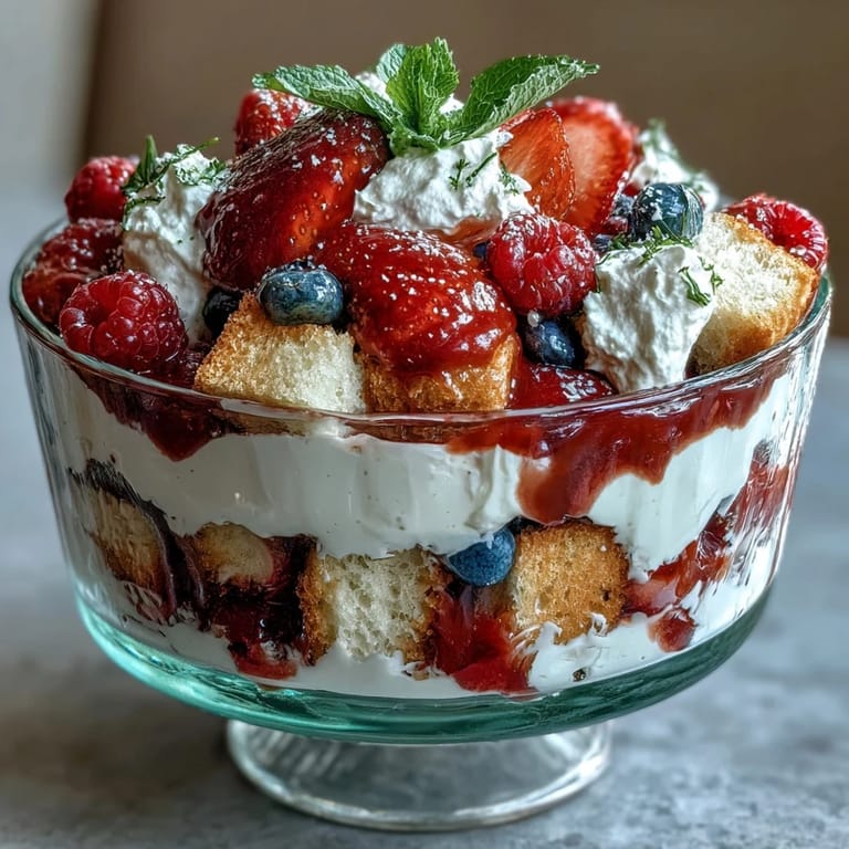 Glistening Red White Blue Berry Trifle, its vibrant layers a sweet, patriotic delight for any celebration.