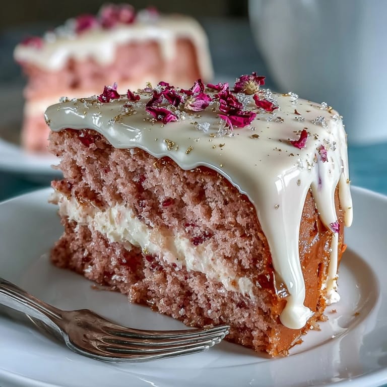 Decadent rosé velvet cake, glistening with a luscious gold confectionary drip.