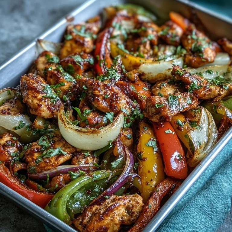 Healthy sheet pan chicken fajitas featuring vibrant bell peppers and onions, perfectly seasoned.