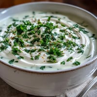 Creamy Celery and Herb Soup ladle in a white bowl with fresh herbs and crusty bread.